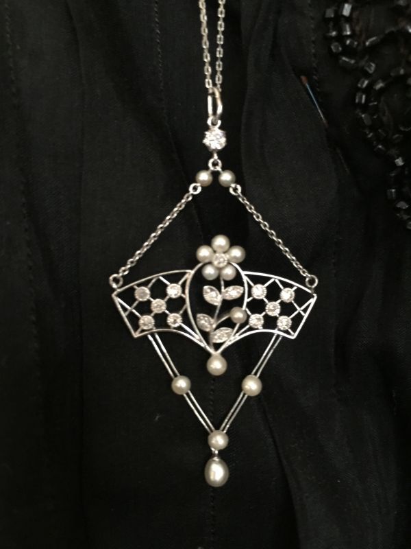 画像1: エドワーディアン プラチナ ダイヤ 天然真珠のペンダントネックレス ホワイトジュエリー